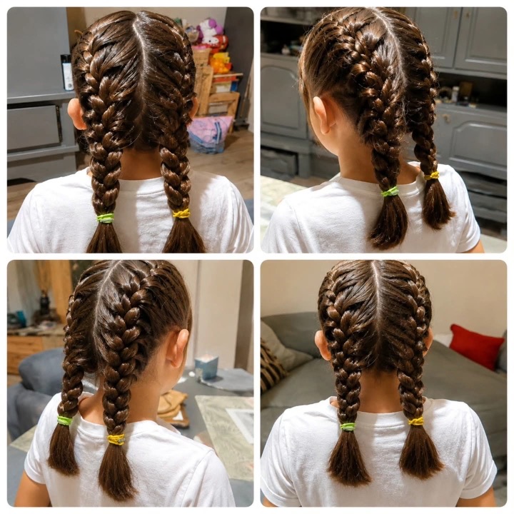 Deux tresses collées sur une petite fille, vues sous quatre angles